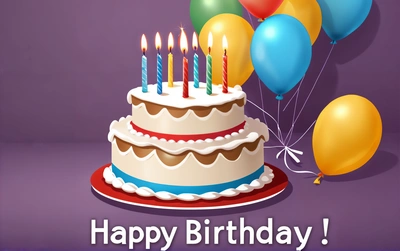 A Birthday cake with candles and balloons on a purple background with a happy Birthday message in the middle of the image is a purple background, behance hd, a pastel, american barbizon school