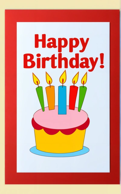 A Birthday card with a cake with candles on it and the words happy Birthday written on it in red and yellow lettering on a white background, plain background, a pastel, international typographic style