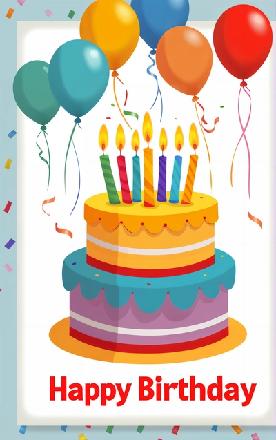 A Birthday card with a cake and balloons on it with the words happy Birthday written in the middle of the card and the words happy Birthday written in the middle, behance hd, a pastel, american barbizon school