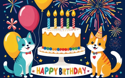 A Birthday card with two cats and a cake with candles and balloons on it, and a Birthday cake with candles and a cat with a balloon, plain background, a pastel, naive art