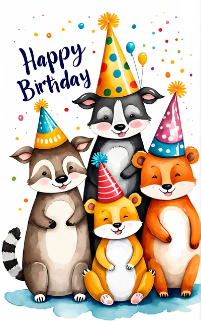 A Birthday card with three raccoons and a Birthday hat on it's head and a raccoon sitting on the ground, plain background, vector art, naive art