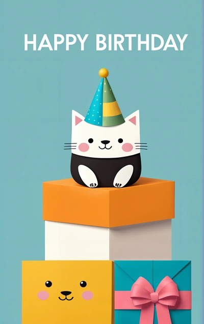 A cat sitting on top of a box with a Birthday hat on it's head and a cat sitting on top of a box with a cat on top of it, colorful flat surreal design, a character portrait, international typographic style