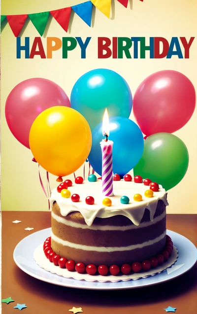 A Birthday cake with balloons and a candle on it with a happy Birthday message on the top of it with a banner in the background, plain background, a pastel, american barbizon school