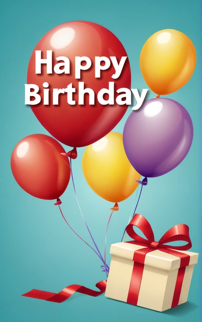 A Birthday card with balloons and a present box with a ribbon on it and a blue background with a blue background and a white box with a red ribbon, plain background, a pastel, international typographic style