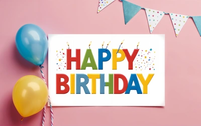 A Birthday card with a happy Birthday message and balloons on a pink background with bunting and streamers around it, with a party hat and balloons, plain background, a pastel, international typographic style
