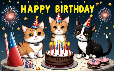 A Birthday card with two cats and a cake with candles on it and a Birthday hat on top of it, with a fireworks and stars, happy, a pastel, net art