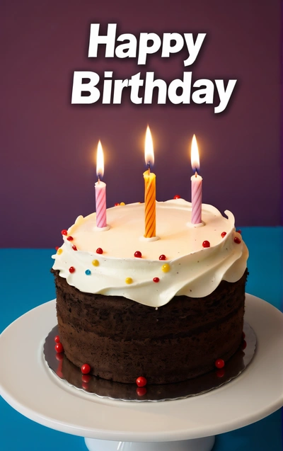 A Birthday cake with lit candles on a plate with a purple background and a purple background with a purple and white background and a purple background with a, promotional image, a pastel, international typographic style