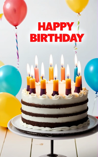 A Birthday cake with candles and balloons on a table with a happy Birthday card in the middle of the picture, with a red and white background, plain background, a pastel, international typographic style