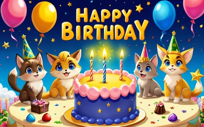 A Birthday card with three cats and a cake with candles and balloons on a table with a blue sky and stars background and a blue sky with stars, happy, a pastel, furry art