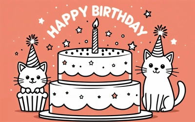 A Birthday cake with two cats sitting on it and a candle on top of it with stars and a happy Birthday message in the background, plain background, a pastel, ascii art