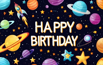 A Birthday card with a space theme and a rocket ship in the sky with stars and planets around it, with the words happy Birthday written in a, space, computer graphics, space art