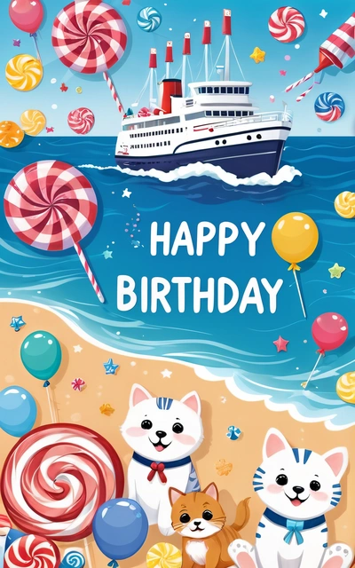 A Birthday card with two cats and a cat on the beach with a ship in the background and balloons and candy in the foreground, plain background, a storybook illustration, naive art