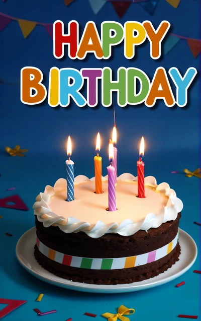 A Birthday cake with lit candles on a plate with confetti and streamers around it and a happy Birthday message on the top, plain background, a pastel, american barbizon school