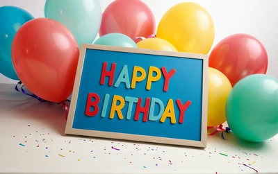 A Birthday card with balloons and confetti on a table with a blue background and a blue sign that says happy Birthday with a lot of balloons, plain background, a pastel, international typographic style