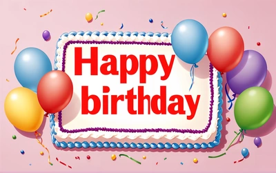 A Birthday cake with balloons and confetti on a pink background with a happy Birthday sign in the middle of the frame with confetti, plain background, a pastel, international typographic style