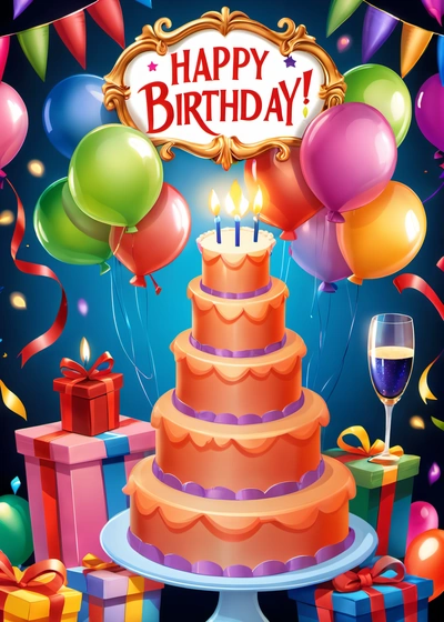A Birthday cake with balloons and a wine glass on a table with presents and a sign that says happy Birthday on it with a blue background, behance hd, a pastel, american barbizon school