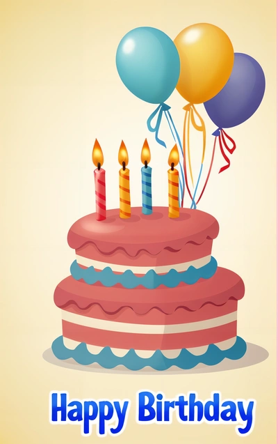 A Birthday cake with candles and balloons on it with a happy Birthday message below it that reads, happy Birthday, with a cake with candles and balloons, plain background, a pastel, american barbizon school