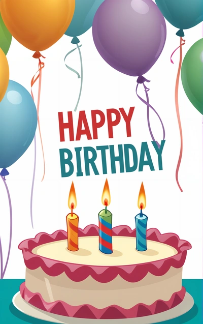 A Birthday cake with candles and balloons on it with the words happy Birthday written on it and a cake with candles and balloons on it, plain background, a pastel, american barbizon school