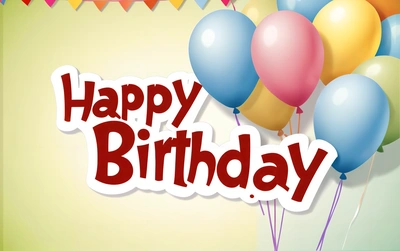 A happy Birthday card with balloons and streamers on a green background with a happy Birthday message in red and white on the bottom of the card, plain background, a pastel, international typographic style