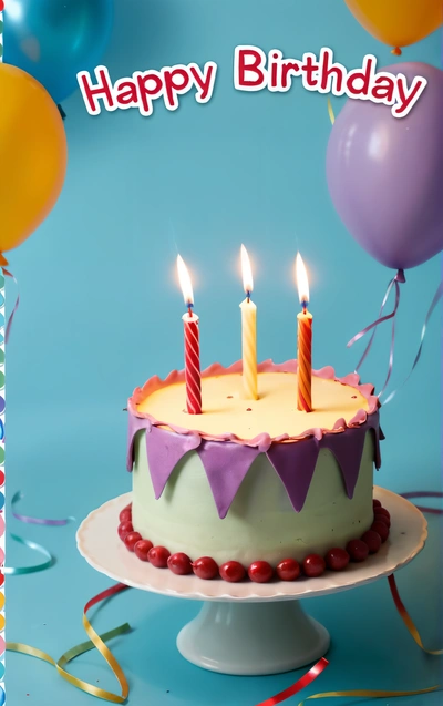 A Birthday cake with candles on it with balloons in the background and a happy Birthday card with a picture of a Birthday cake with candles, 3 d render, a pastel, altermodern
