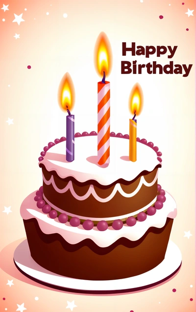 A Birthday cake with three candles on it with stars around it and a happy Birthday message in the middle of the card reads, happy Birthday, plain background, a pastel, american barbizon school