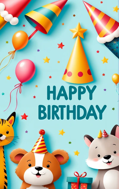 A Birthday card with a bear, cat, and a cat holding a gift box with a happy Birthday message on it and a blue background with stars and balloons, plain background, a pastel, naive art