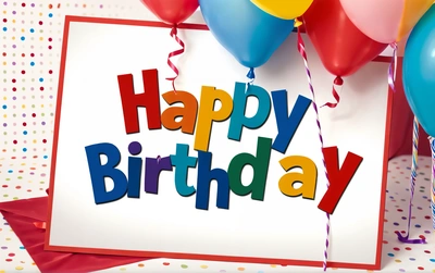 A Birthday card with balloons and a sign that says happy Birthday on it with a red ribbon and a white background with multicolored dots, plain background, a pastel, international typographic style