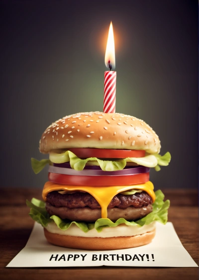 A hamburger with a candle on it with a Birthday card in front of it that says happy Birthday to you, dad and grandma,, unreal engine 5 quality render, a 3d render, hyperrealism