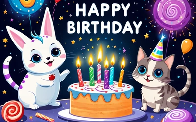 A Birthday card with two cats and a cake with candles and candy on a table with balloons and stars in the background and a candy lollipop, behance hd, a pastel, naive art