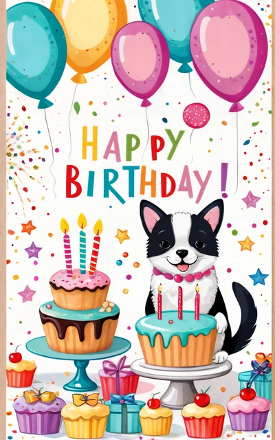 A Birthday card with a cat and cupcakes on it and balloons and confetti on the table in the background, and a Birthday cake with candles, plain background, a pastel, naive art