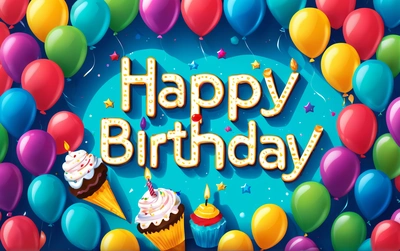 A Birthday card with balloons and cupcakes on it with the words happy Birthday written in large letters on the front of the card, plain background, a pastel, international typographic style