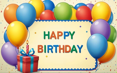A Birthday card with balloons and a gift box with a happy Birthday message on it and a banner with a ribbon and a bow on the bottom, plain background, a pastel, international typographic style