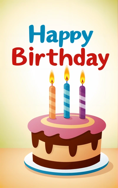 A Birthday cake with three candles on it with a happy Birthday message on it's side and a yellow background with a red and blue stripe, plain background, a pastel, american barbizon school