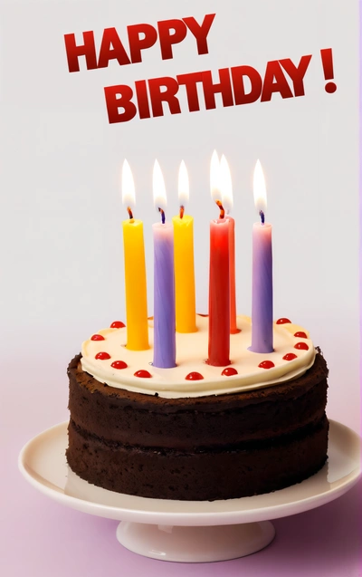 A Birthday cake with lit candles on it with a happy Birthday card in the background with a red and white polka dot border and a red and red border, candles, a pastel, international typographic style