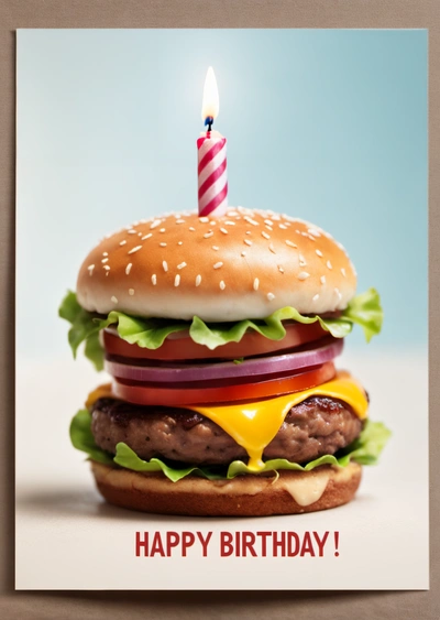 A hamburger with a candle on it with a happy Birthday card in front of it that says happy Birthday, hamburger with a candle on top of bun, food photography, a 3d render, hyperrealism