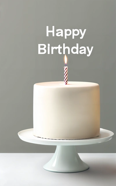 A white cake with a lit candle on top of it with a happy Birthday message on it's side and a gray background with a white background, white background, a pastel, international typographic style