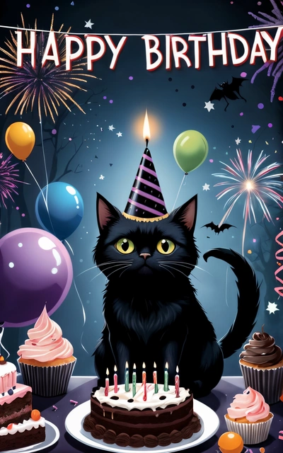 A black cat sitting in front of a Birthday cake with candles and balloons on it, with a happy Birthday sign above it, and a banner with a cat and balloons, dark background, a pastel, gothic art