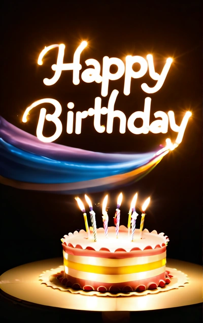 A Birthday cake with lit candles on a table with a black background and a happy Birthday message in the middle of the image with a blue ribbon, plain background, a pastel, international typographic style