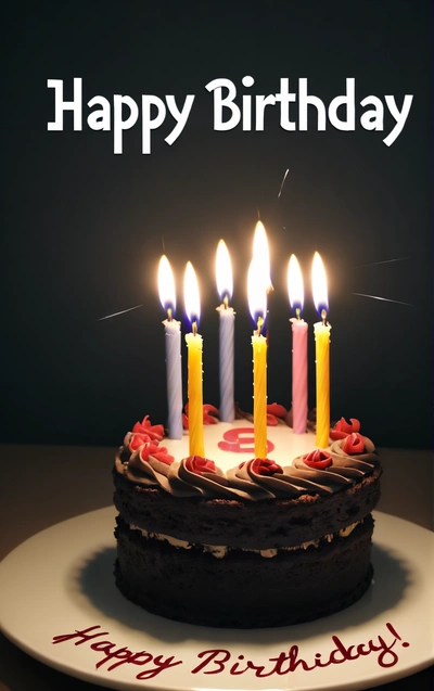 A Birthday cake with five lit candles on it with a happy Birthday message in the middle of the cake is a white plate with a black background, iso 200, a pastel, international typographic style