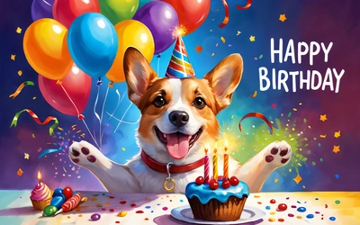 A dog is celebrating his Birthday with a cupcake and balloons in the background and a Birthday cake with candles in the foreground, and a Birthday hat with, professional digital painting, a digital rendering, furry art