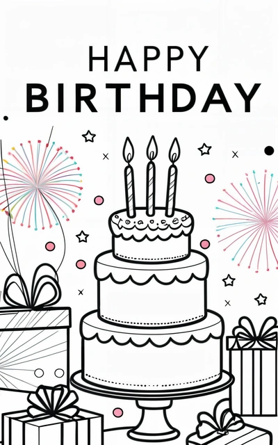 A Birthday cake with candles and presents on it with fireworks in the background and a happy Birthday card with a black and white image of a Birthday cake, plain background, a pastel, international typographic style