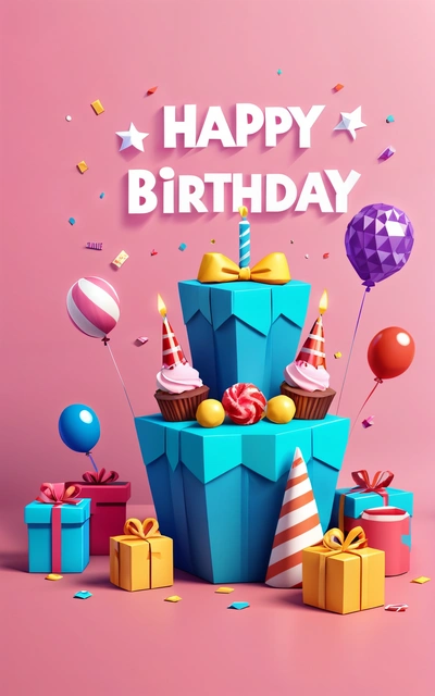 A Birthday card with a cupcake and presents on a pink background with a happy Birthday message in the center of the card is a blue box with a, behance hd, a 3d render, international typographic style