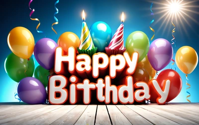 A happy Birthday message with balloons and streamers on a wooden floor with a blue background and sunbursts in the sky above, plain background, a pastel, international typographic style