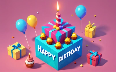 A Birthday cake with candles and presents on a pink background with balloons and stars around it and a Birthday candle on top of the box, cinema 4 d, a 3d render, international typographic style