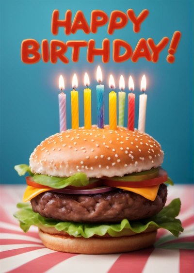 A hamburger with a hamburger bun and lit candles on it with a happy Birthday message in the background with a hamburger on a bun with a bun and, professional food photography, a 3d render, altermodern