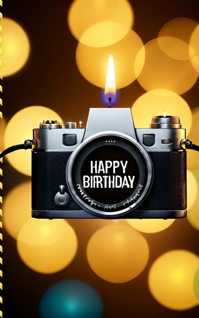 A camera with a candle on it with a happy Birthday message on it's front and a blurry background with lights behind it, nikon, a microscopic photo, art photography