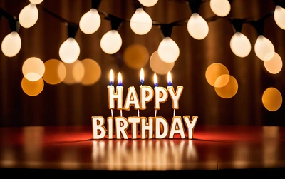 A Birthday cake with lit candles on a table with lights in the background and a happy Birthday sign in the middle of the cake,, dark background, a pastel, international typographic style