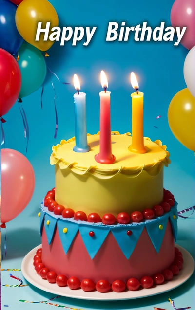 A Birthday cake with three candles and balloons in the background with a happy Birthday message on it's side and a blue background with a blue backdrop, candles, a pastel, dau-al-set
