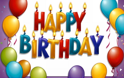 A Birthday card with balloons and candles in the middle of it with a white background and a white sheet with the words happy Birthday written in it, plain background, a pastel, international typographic style