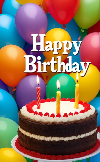 A Birthday cake with two candles on it with balloons in the background and a happy Birthday message on the top of the cake with the candles, plain background, a pastel, american barbizon school